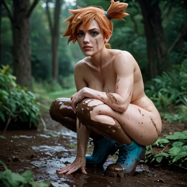 Dirty naked Misty from pokemon, squatting on ground in woods, only wearing blue shoes horny covered in mud and brown liquid