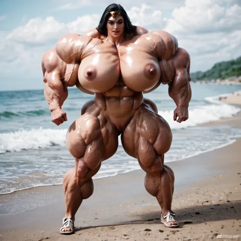 Wonder woman, hyper massive muscles female, hyper massive muscles buffet, hyper gigantic massive muscles mass, hyper giant muscles, hyper muscle tank, pectorales female, pussy print in boxeur, bulge, beach