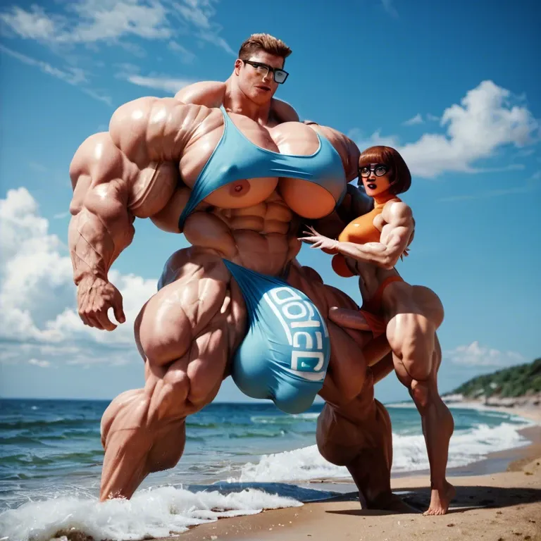 Velma, hyper massive muscles female, hyper massive muscles buffet, hyper gigantic massive muscles mass, hyper giant muscles, pectorales female, penis print in boxeur, futa bigger long cock bulge, beach