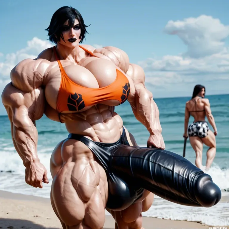 Cassandra Cain, hyper massive muscles female, hyper massive muscles buffet, hyper gigantic massive muscles mass, hyper giant muscles, pectorales female, penis print in boxeur, futa bigger long cock bulge, beach