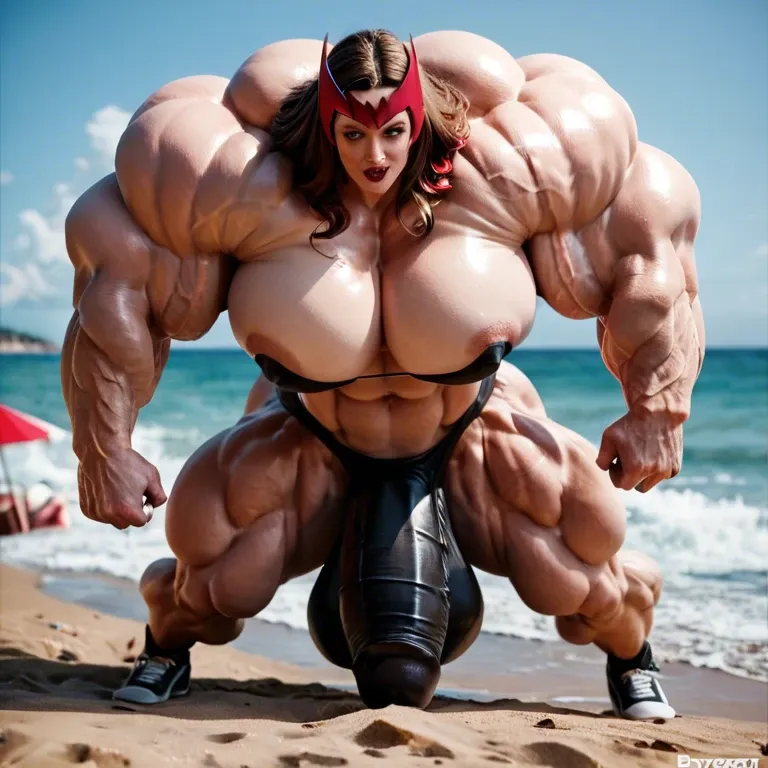 Scarlet Witch, hyper massive muscles female, hyper massive muscles buffet, hyper gigantic massive muscles mass, hyper giant muscles, hyper muscle tank, pectorales female, penis print in boxeur, futa bigger long cock bulge, beach