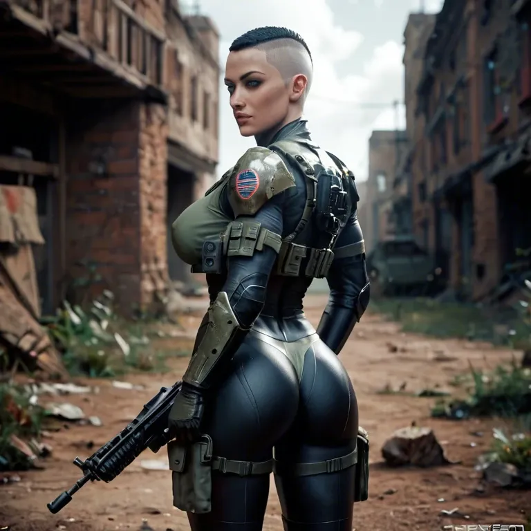 Dystopian scene of a futuristic female freedom fighter, half nude, combat armor, buzz cut military haircut,tight breasts,athletic,exposed buttocks,crossing a battlefield, she fires a heavy machine gun wildly,robots and mutants all around her, destroyed city in the background, photorealistic