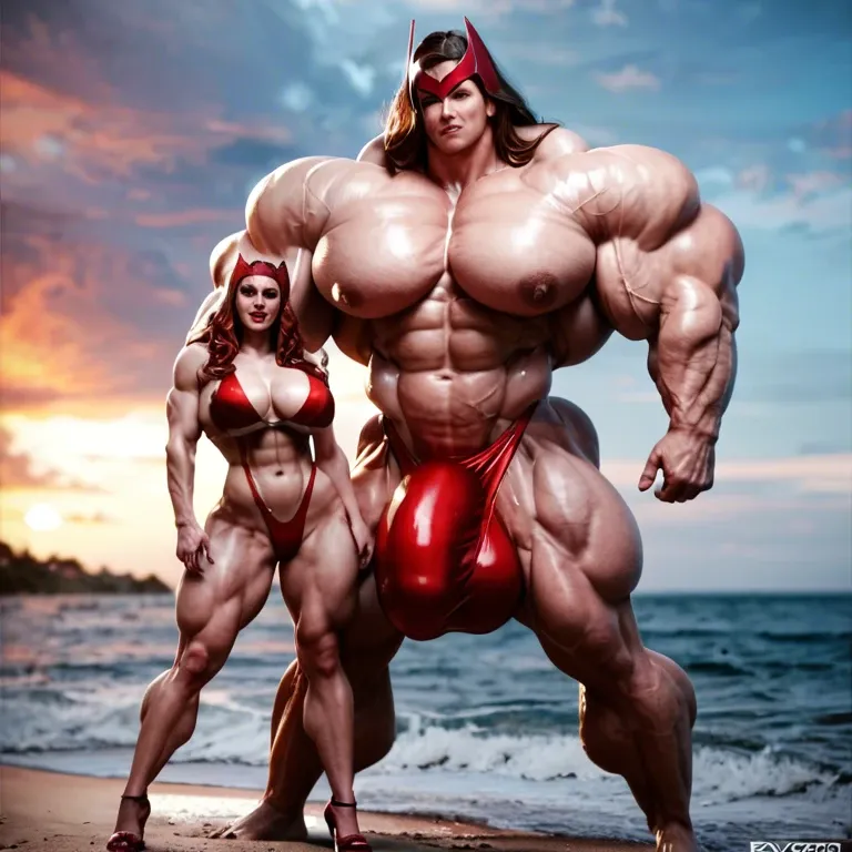 Scarlet Witch, hyper massive muscles female, hyper massive muscles buffet, hyper gigantic massive muscles mass, hyper giant muscles, hyper muscle tank, pectorales female, penis print in boxeur, futa bigger long cock bulge, beach