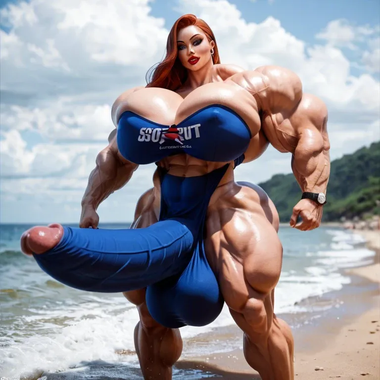 Jessica Rabbit, hyper massive muscles female, hyper massive Muscle, hyper gigantic massive muscles mass, pectorales female, penis print in boxeur, futa bigger long cock bulge, beach