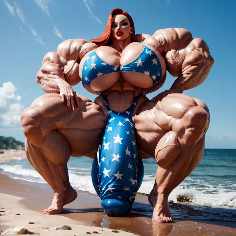 Jessica Rabbit, hyper massive muscles female, hyper massive muscles buffet, hyper gigantic massive muscles mass, hyper giant muscles, pectorales female, penis print in boxeur, futa bigger long cock bulge, beach