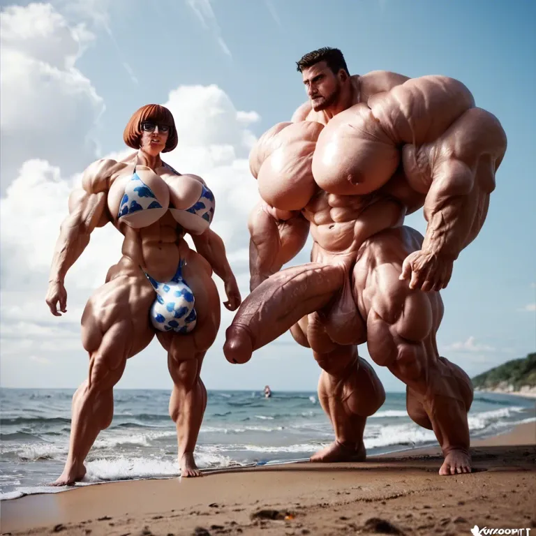 Velma, hyper massive muscles female, hyper massive muscles buffet, hyper gigantic massive muscles mass, hyper giant muscles, pectorales female, penis print in boxeur, futa bigger long cock bulge, beach