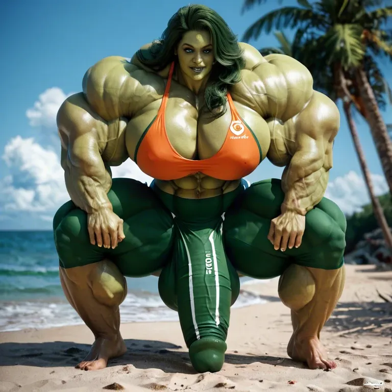 She hulk, hyper massive muscles female, hyper massive muscles buffet, hyper gigantic massive muscles mass, pectorales female, penis print in boxeur, futa bigger long cock bulge, beach