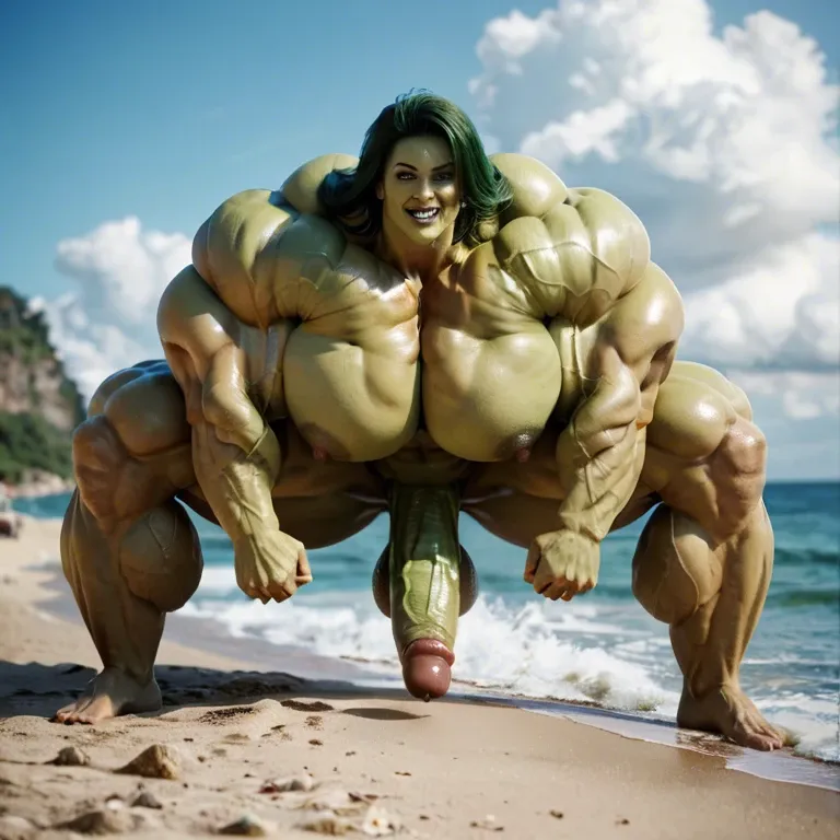 She hulk, hyper massive muscles female, hyper massive muscles buffet, hyper gigantic massive muscles mass, hyper giant muscles, nude pectorales, futa monstre cock, beach