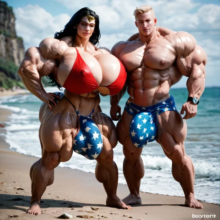 Wonder woman, hyper massive muscles female, hyper massive muscles buffet, hyper gigantic massive muscles mass, hyper giant muscles, hyper muscle tank, pectorales female, penis print in boxeur, futa bigger long cock bulge, beach