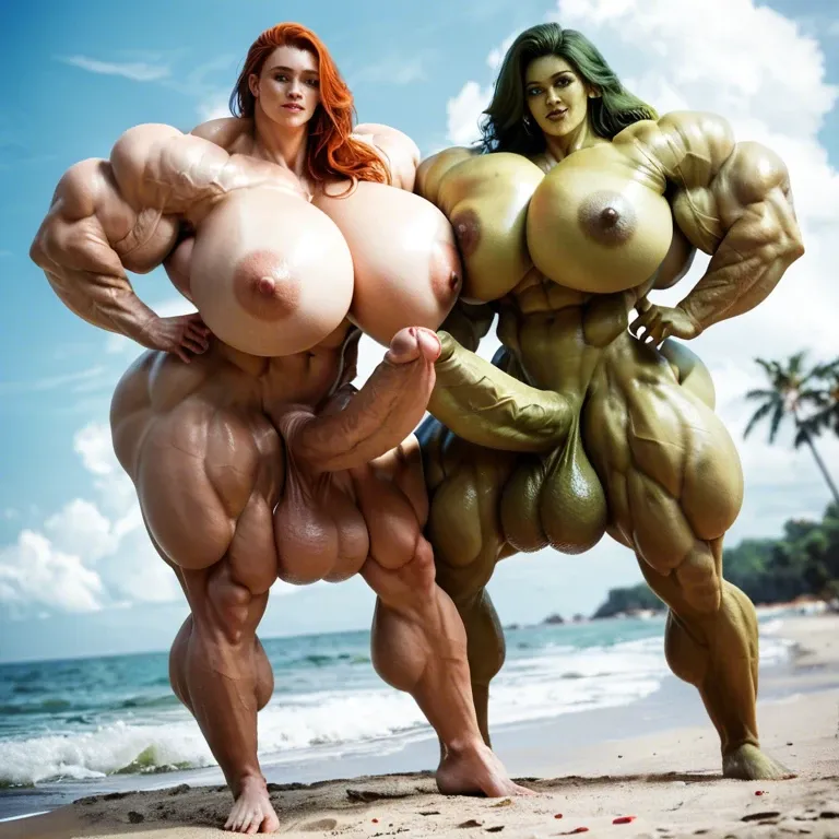 She hulk, hyper massive muscles female, hyper massive muscles buffet, hyper gigantic massive muscles mass, nude pectorales, futa bigger long cock, beach