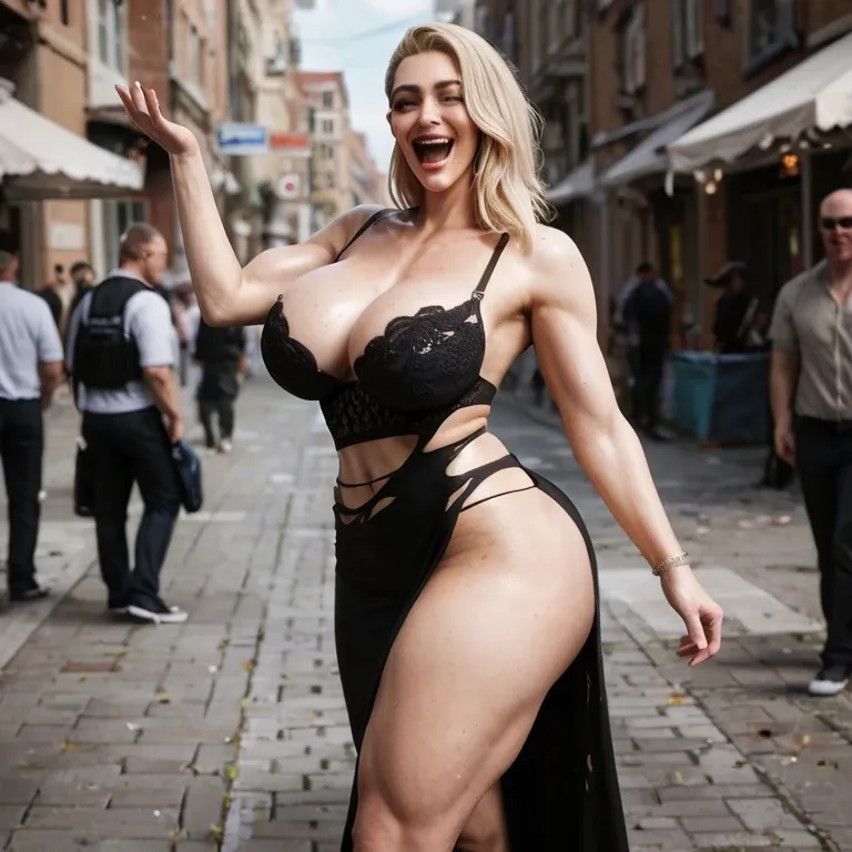 Blonde Torn evening Dress black lingerie  filthy abused exhausted Walking alley, crowd cheering laughing, massive tits massive butt, humiliated