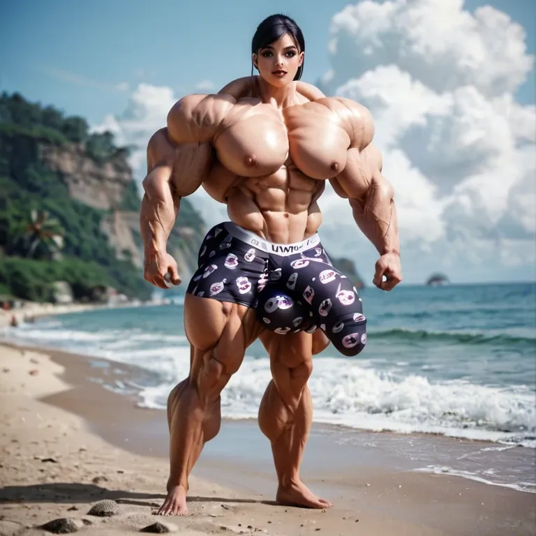 Violet parr, hyper massive muscles female, hyper massive muscles buffet, hyper gigantic massive muscles mass, hyper giant muscles, nude pectorales, penis print in boxer, futa bigger long cock bulge, beach