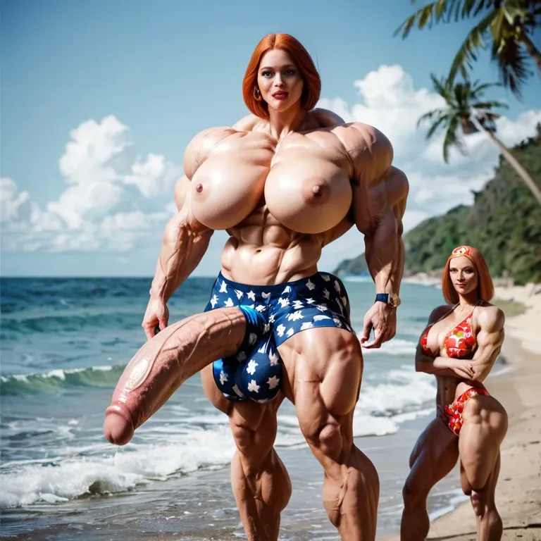 Lois Griffin, hyper massive muscles female, hyper massive muscles buffet, hyper gigantic massive muscles mass, hyper giant muscles, nude pectorales, penis print in boxer, futa bigger long cock bulge, beach