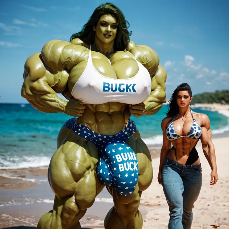 She hulk, hyper massive muscles female, hyper massive muscles buffet, hyper gigantic massive muscles mass, pectorales female, penis print in boxeur, futa bigger long cock bulge, beach