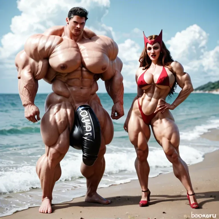 Scarlet Witch, hyper massive muscles female, hyper massive muscles buffet, hyper gigantic massive muscles mass, pectorales female, penis print in boxeur, futa bigger long cock bulge, beach