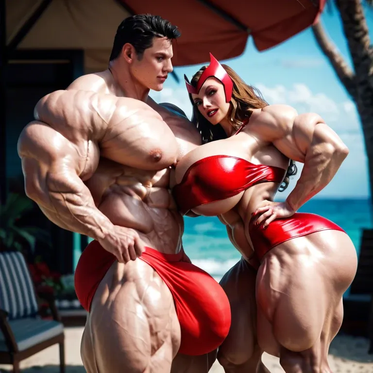 Scarlet Witch, hyper massive muscles female, hyper massive muscles buffet, hyper gigantic massive muscles mass, hyper giant muscles, hyper muscle tank, pectorales female, penis print in boxeur, futa bigger long cock bulge, beach