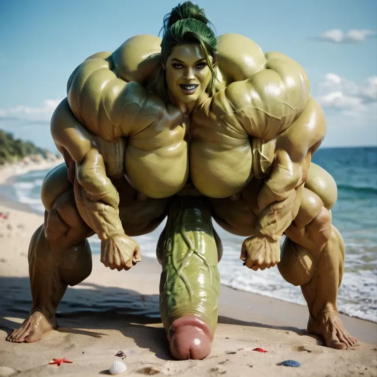 She hulk, hyper massive muscles female, hyper massive muscles buffet, hyper gigantic massive muscles mass, hyper giant muscles, hyper muscle tank, nude pectorales, futa bigger long cock, beach