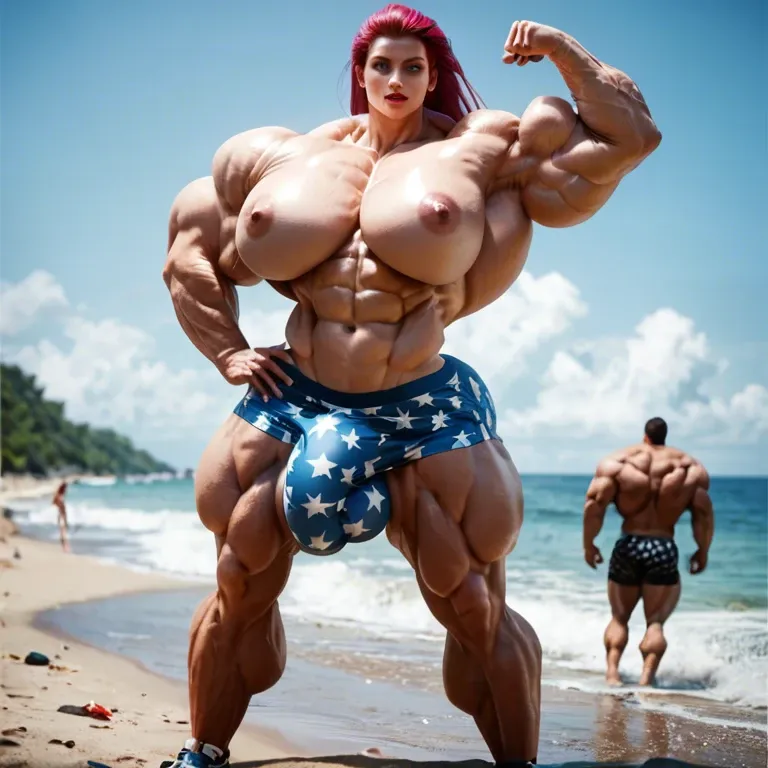 Jessie, hyper massive muscles female, hyper massive muscles buffet, hyper gigantic massive muscles mass, hyper giant muscles, hyper muscle tank, nude pectorales, penis print in boxer, futa bigger long cock bulge, beach