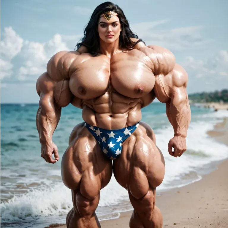 Wonder woman, hyper massive muscles female, hyper massive muscles buffet, hyper gigantic massive muscles mass, hyper giant muscles, hyper muscle tank, nude pectorales, pussy print in boxer, bulge, beach