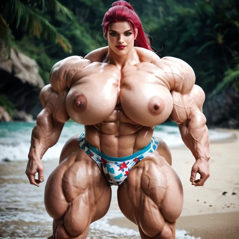 Jessie, hyper massive muscles female, hyper massive muscles buffet, hyper gigantic massive muscles mass, hyper giant muscles, hyper muscle tank, nude pectorales, pussy print in boxer, bulge, beach