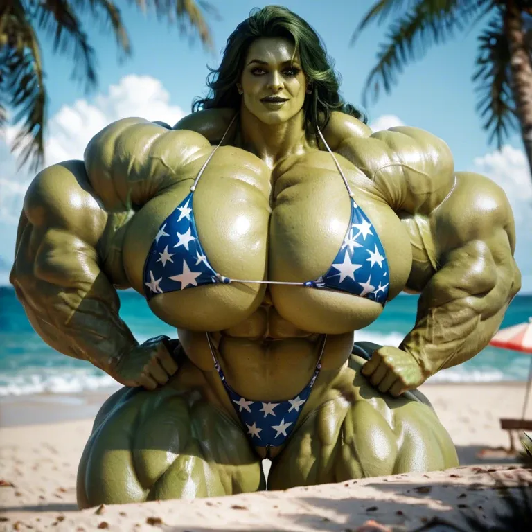 She hulk, hyper massive muscles female, hyper massive muscles buffet, hyper gigantic massive muscles mass, hyper giant muscles, hyper muscle tank, nude pectorales, pussy print in bikini, bulge, beach