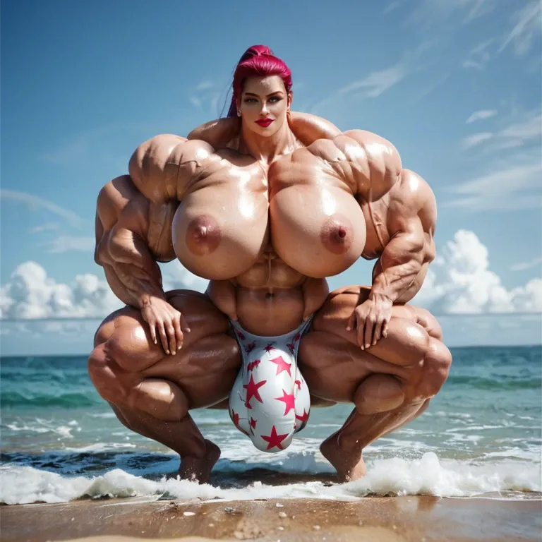 Jessie, hyper massive muscles female, hyper massive muscles buffet, hyper gigantic massive muscles mass, hyper giant muscles, hyper muscle tank, nude pectorales, pussy print in boxer, futa bigger long cock bulge, beach