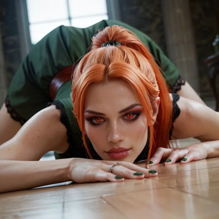 beautiful sexy slender orange head femdom succubus, dressed in a green gothic dress, no makeup, red eyes, one long ponytail with straight hair, top-down view, first-person view, bare legs, on the floor in front of me by the funeral table in the crypt shrouded in red mist, perfect fingers, with a hand gesture she shows how a dick goes into her slightly open mouth, the hand near the mouth