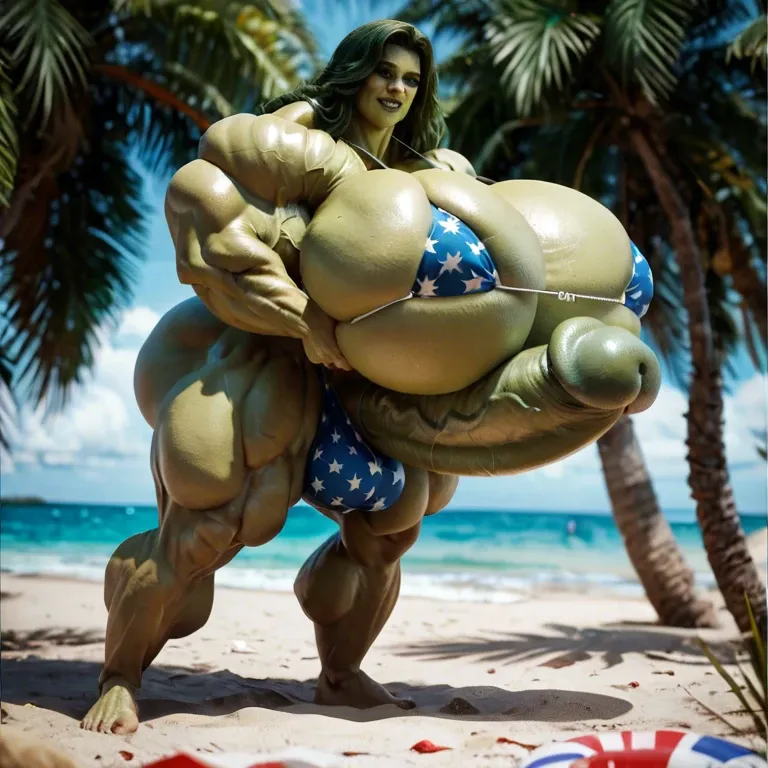 She hulk, hyper massive muscles female, hyper massive muscles buffet, hyper gigantic massive muscles mass, hyper giant muscles, hyper muscle tank, nude pectorales, dick print in bikini, futa cock biggest bulge, beach