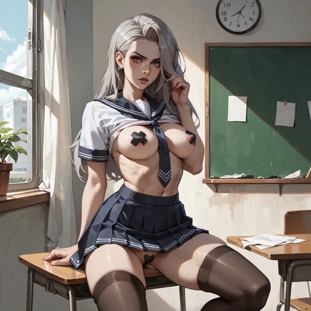 Loona, school uniform, topless, stockings, mini skirt, pasties