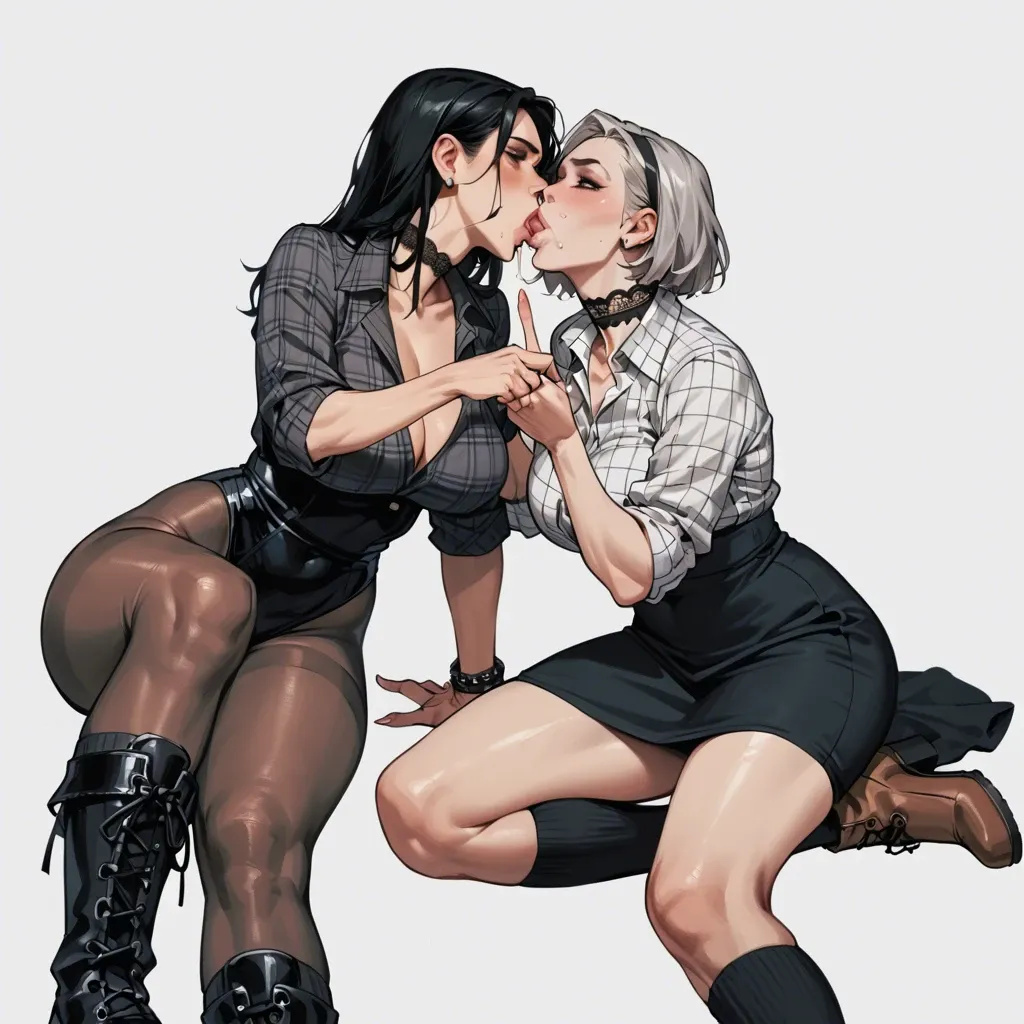 2girl, , sucking finger, cum on boobs, massive penis,pinching,big perky boobs,grey background, plaid shirt,knee-high socks,lace choker,leotard aside,knee boots, black dress,pantyhose,lingerie, pantyhose,wool hat,bra,thigh boots, painful shibari, on desk, rapunzel