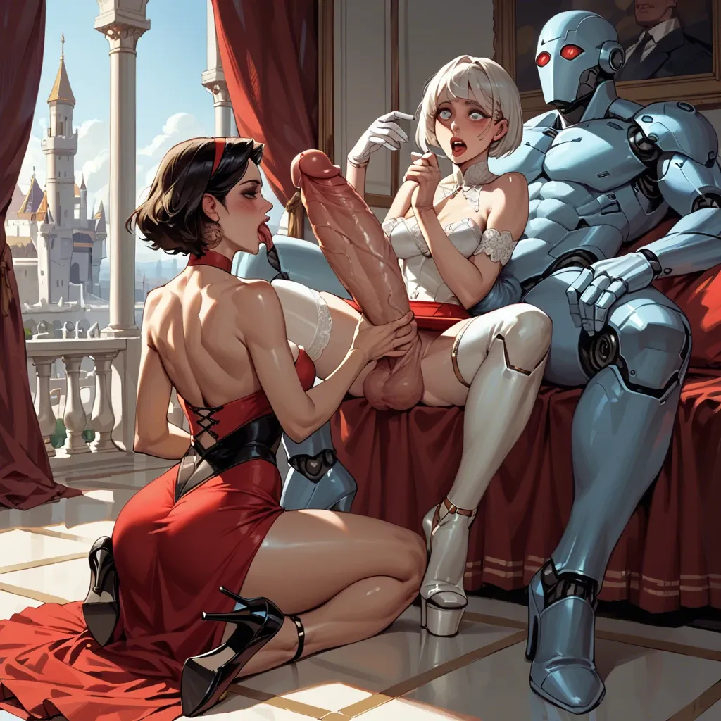 threesome,2girl,1boy,  assfuck, licking the tip, male orgasm, robot eyes,good hands,round tits,thin ankle, hyper penis,very big eyes,high heels,bare shoulders, red skirt,palace bedroom,gold collar,blue panties,ballet shoes, floral dress,striped,gloves, jeans,blue stockings,gold collar,sling bikini,white boots, bare chest, mountains, leather bondage, dynamic angle