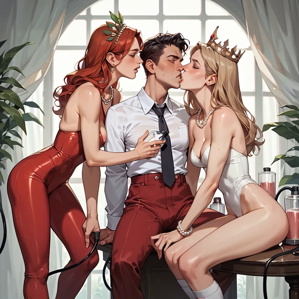 threesome,3girl, , kissing neck, pearl necklace, cheekbones,hands on table,perky tits,slender waist,necktie, milking machine,legs together,ankle, red tight pants,knee-high socks,laurel crown,low rise thong,heels, plaid skirt,baggy socks,glasses,frilled bra,black sneakers, black shirt,white stockings,saliva strings,beige bra,white boots, source cartoon, darkness