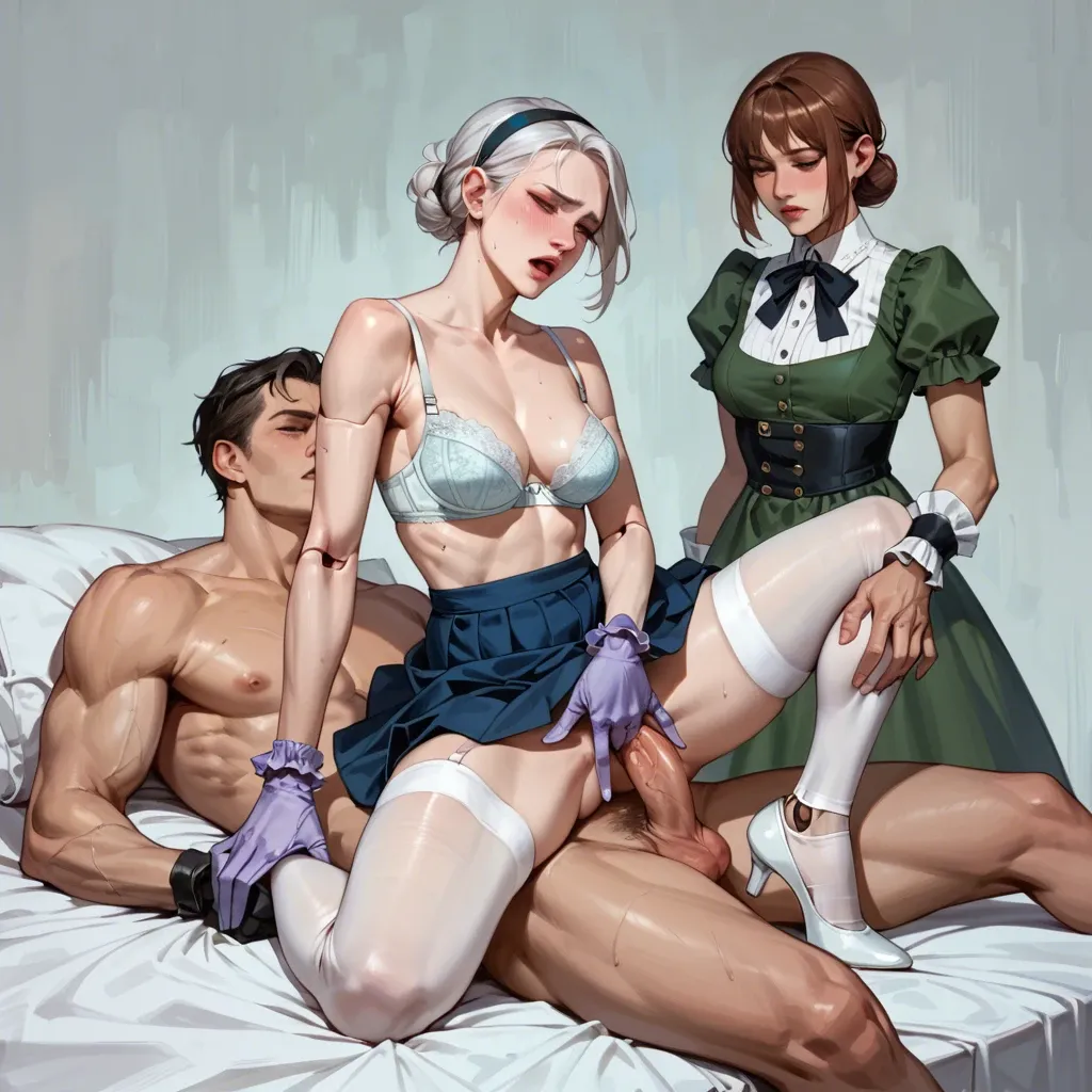 threesome,1girl,2boy,  cowgirl sex, fingering, imminent orgasm, 1 penis,negative hand,round big tits,doll joints, blue skirt,stockings,purple gloves,white bra,ballet shoes, dark green gown,white stockings,red bowtie,teddy,white boots, castle