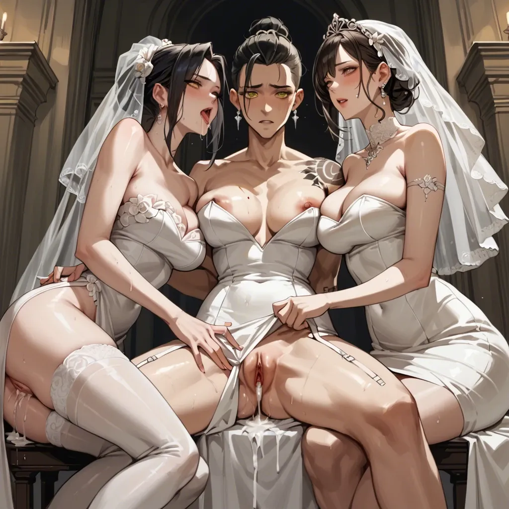 threesome,2girl,1boy,  after fellatio, groping pussy, huge squirting, yellow eyes,large breast,grabbed,fat knees, pussy slip,perfect hand,huge boobs,slim waist,shoulder tattoo, wedding dress,anklets,no panties,thong,black sneakers, camera, digital art, dark skinned, linked