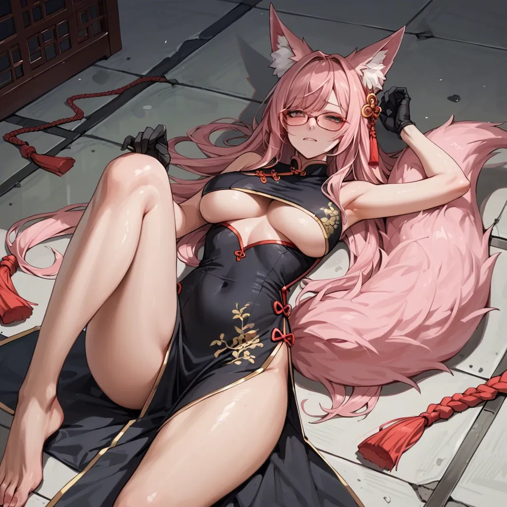 1girl,solo,on ground,,ruanyi0875,china dress,underboob cutout,underboob,fox ears,fox tail,glasses,black gloves,side slit,black dress,pink tail,on ground,knees together feet apart,,ruanyi0874,indoors,<lora:0875 Koyanskaya Chinese Dress_v1_pony:0.7>,<lora:0874 dark space_v1_pony:0.8>, score_9,score_8_up,score_7_up,,8k,1girl,solo,,