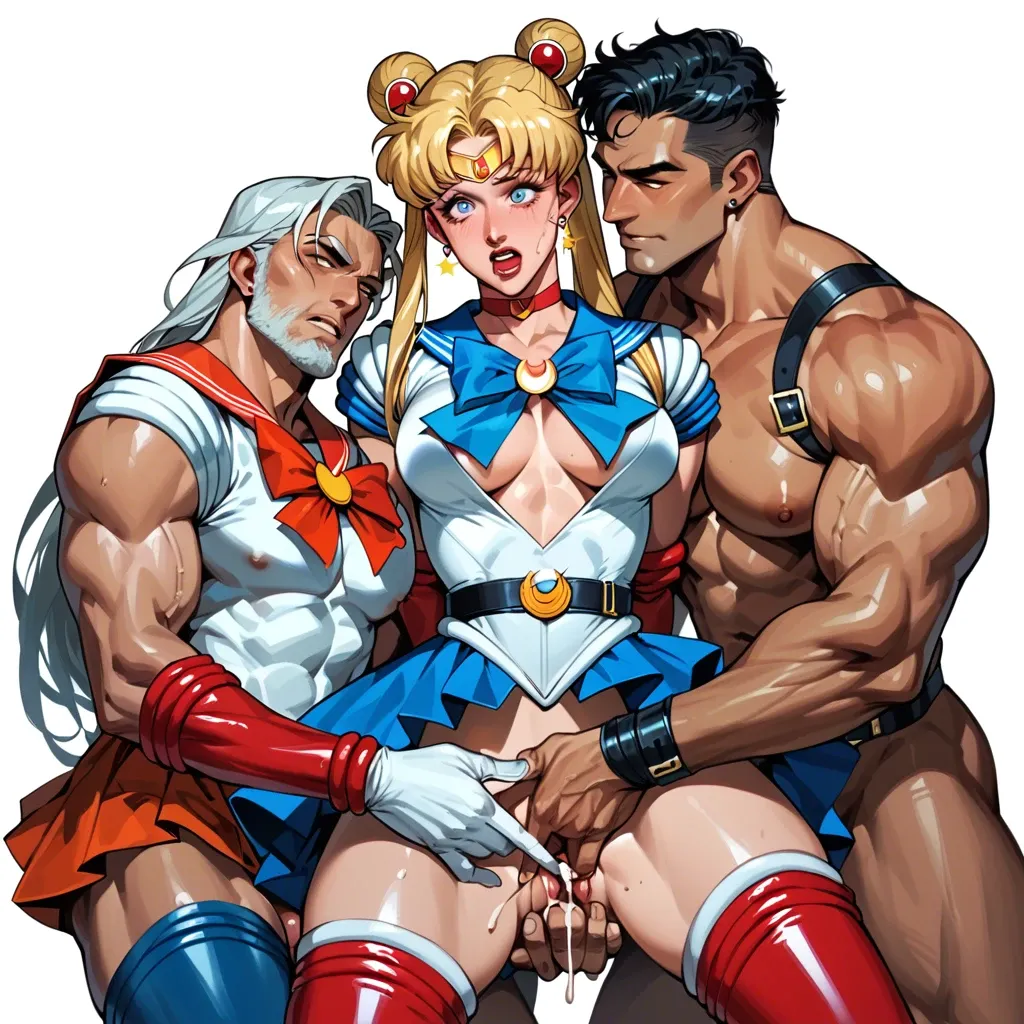 threesome,3girl, , fingering, large cumshot, big balls,two-handed,adorable eyes, open uniform,belt,thigh boots, bara, sailor moon