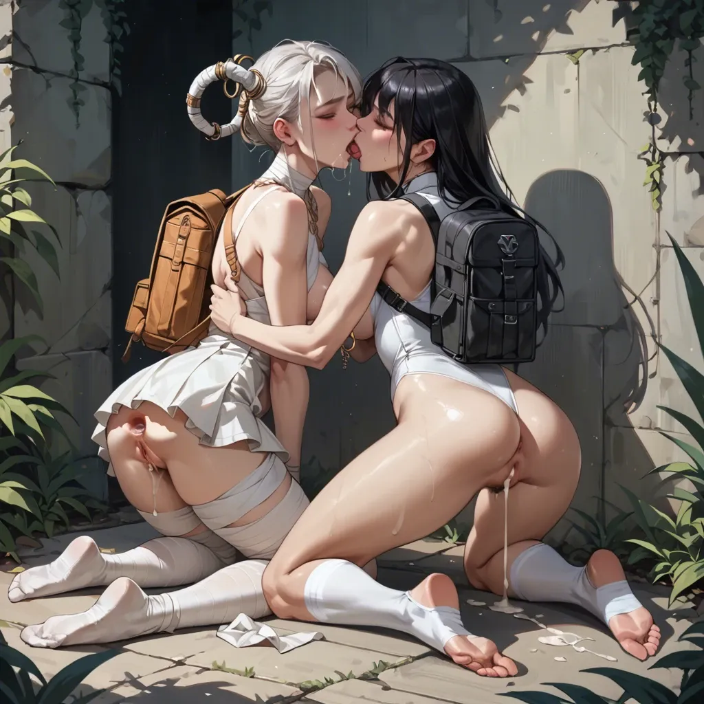 2girl, , french kissing, cum in uterus, perfect asshole,bandaged leg,nipple ring,shoulders, perfect pussy,five toes,backpack,on knees, white dress,knee-high socks,metal rings,string bodysuit,stiletto heels, bathtub, medieval, respectable, rich detailed, bright lighting