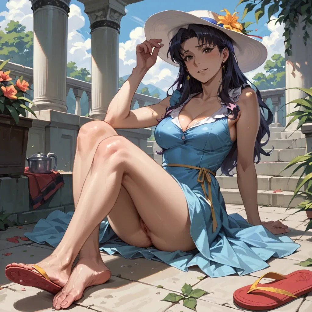 Misato katsuragi, flip flops removed presenting feet, dress, barefoot, soles, hat