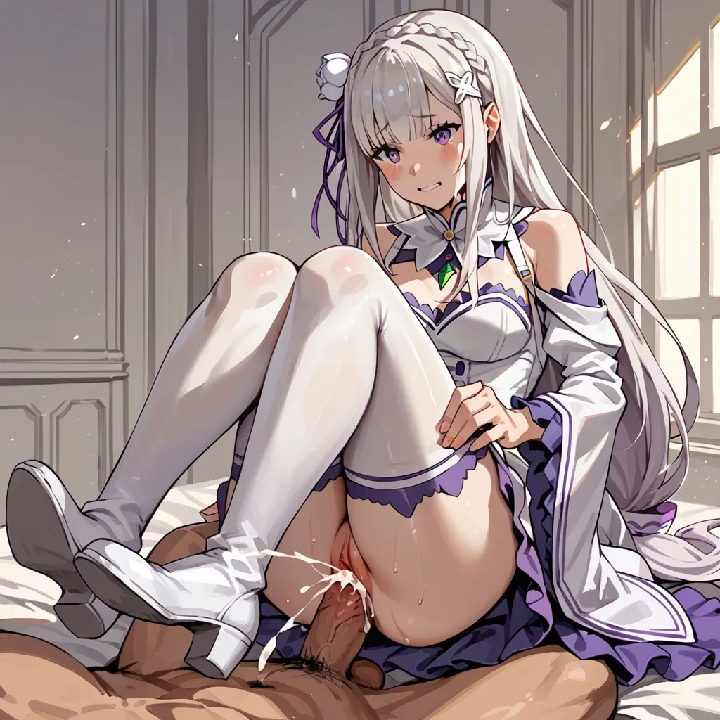 Emilia (RE:ZERO) , large cumshot, white stockings,  shoe sex,cute girl, white boots ,Penis between feet