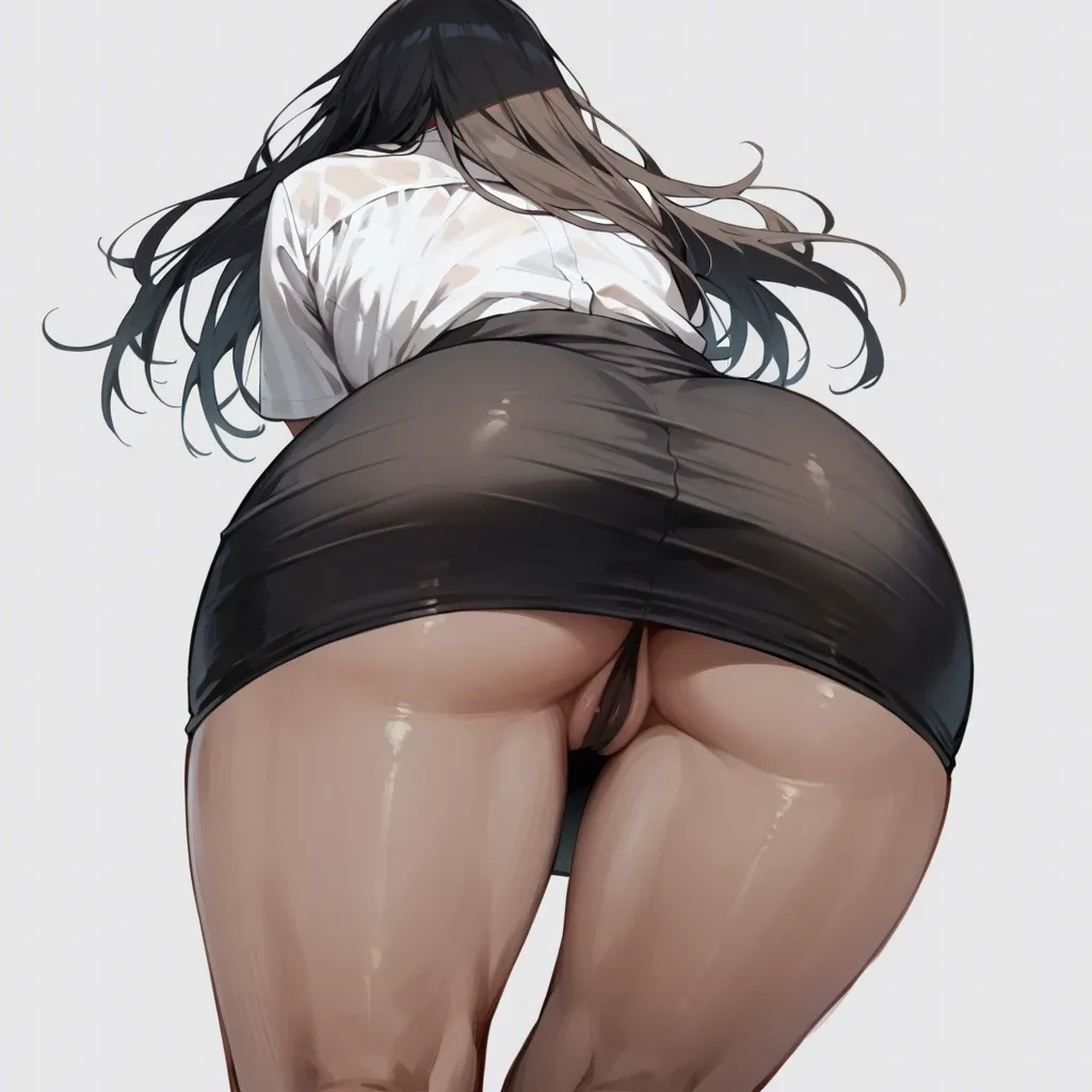 solo,low angle,leaning forward,from behind,butts focus,ass focus,blouse,tight skirt,thong, black long hair,simple background,standing,