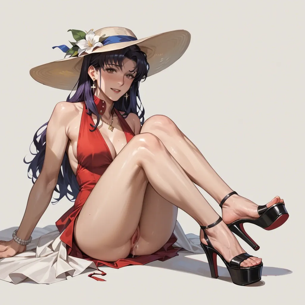 Misato katsuragi, wedge heels, presenting feet, dress, barefoot, soles, hat