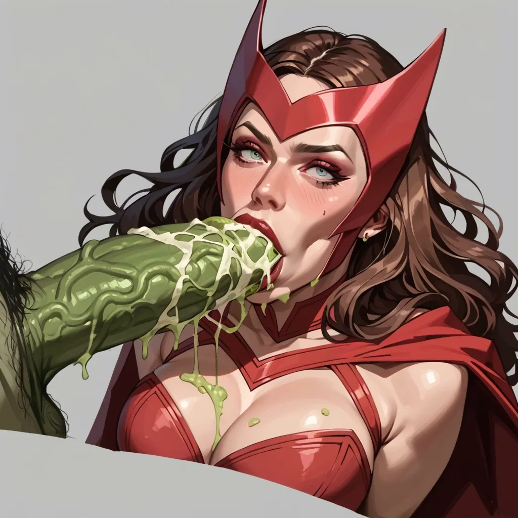 Scarlet witch, Scarlet witch Wanda Maximoff, Scarlet witch Marvel, Acarlet witch giving giant green cock blowjob, giant green cock, huge green cock, Smegma, gross green cock