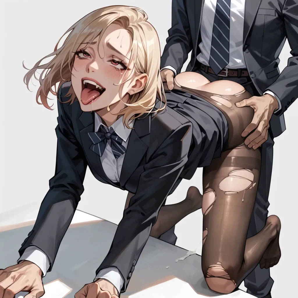 Marin kitagawa, business suit, clothed female, ahegao, laughing, ripped pantyhose, no shoes, standing doggy style, on hands, male holding legs