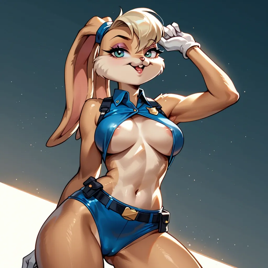 Lola bunny in sexy tight north korean police officer costume, skimpy costume, sluty costume, furry porn, furry, Lola bunny, loony toons, loony toons Lola bunny, posing sexy, great lighting, raytracing