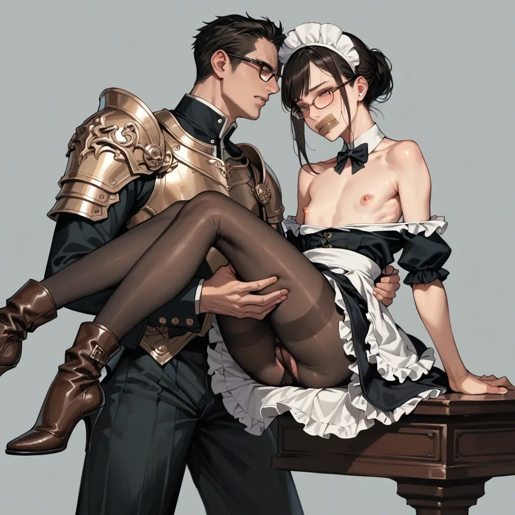 1girl,1boy, , , , tape on mouth,armor,molded nipples,flat chest,free shoulders, lifted skirt,lace tights,glasses,lace panties,high heels, baggy pants,tights,maid hat,black panties,brown boots, leggings,leg warmers,tie,no bra,ballet shoes, school uniform, city, cyberpunk, robot girl, zelda, spider-gwen