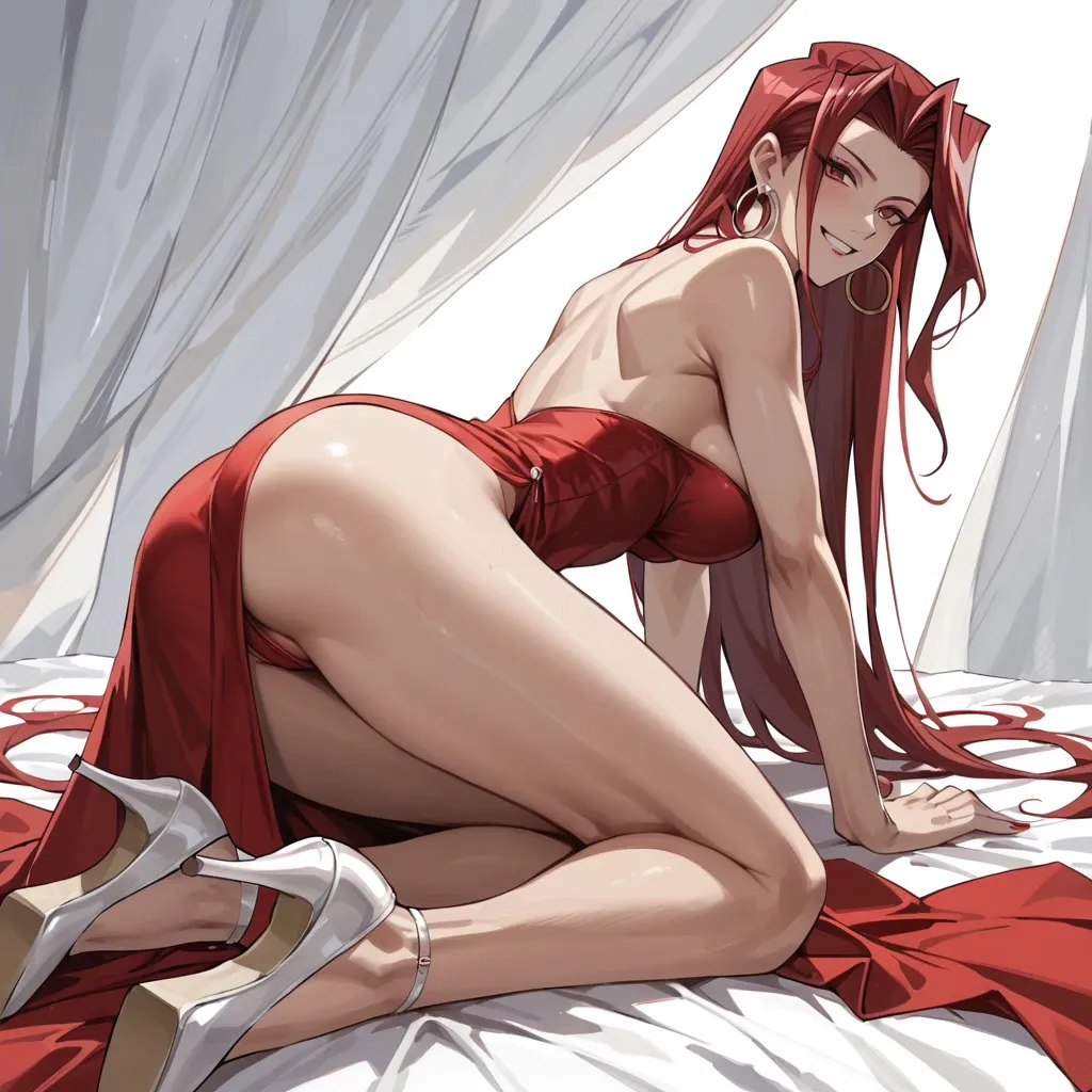 Akiza izinski Yu gi oh, focus on ass, elegant ruby red dress, clothed female, softcore, white heels, sexy smile, hoop earrings