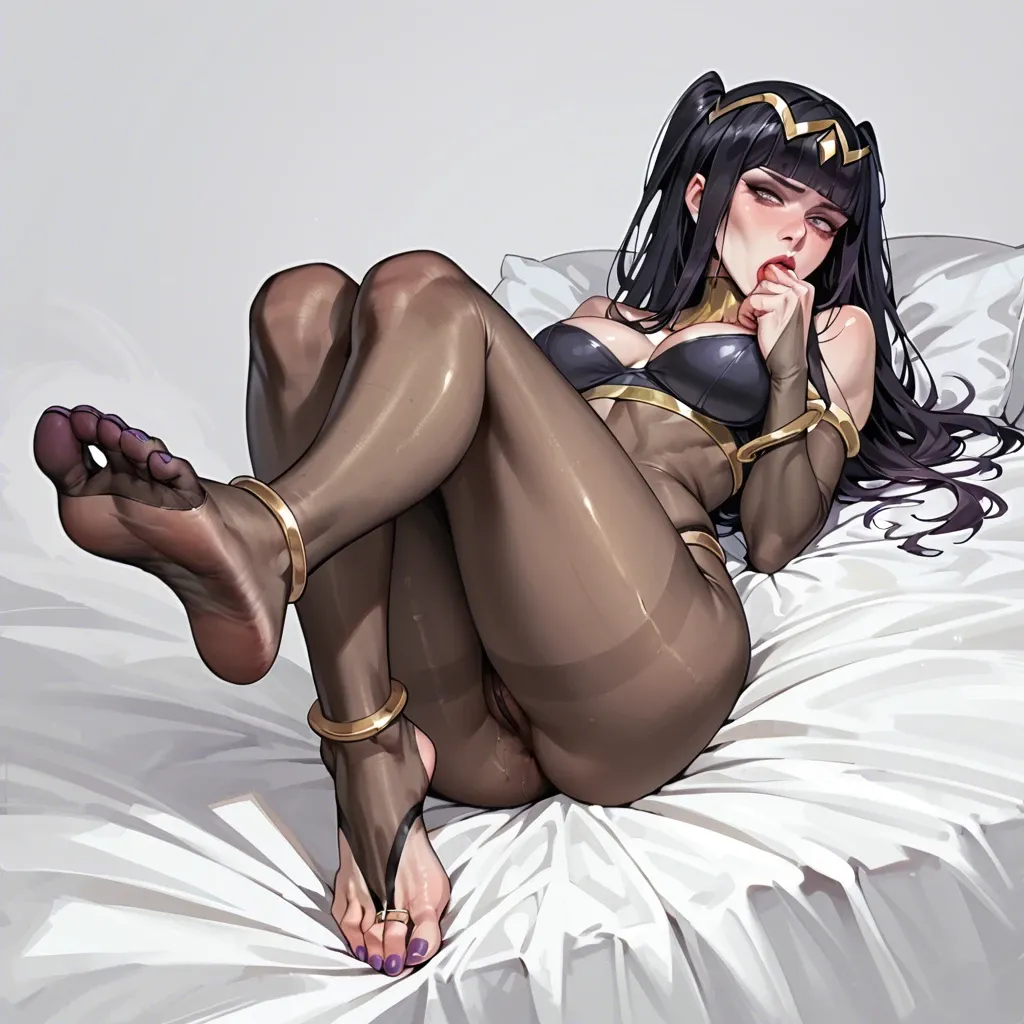 Tharja, self-sucking feet toes, body pantyhose, purple toenails