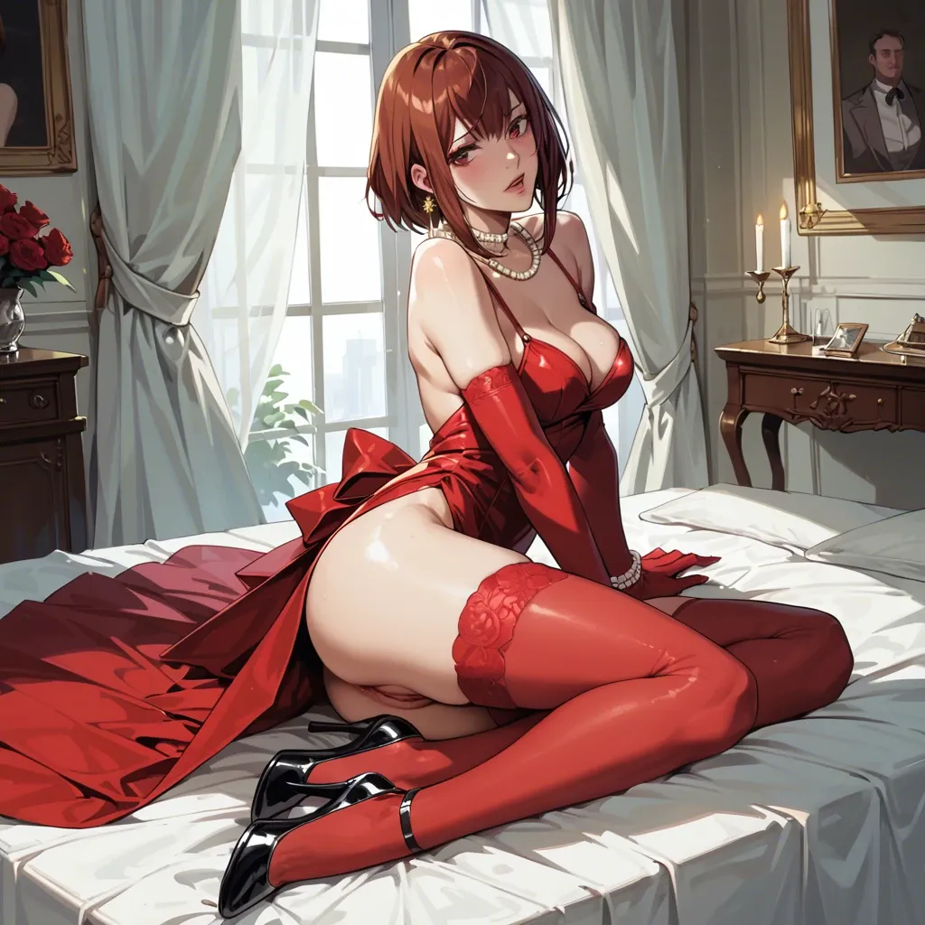 Kurisu makise, elegant red dress, flesh-colored stockings, heels, big golden earrings, pearl collar, bracelets, elbow gloves