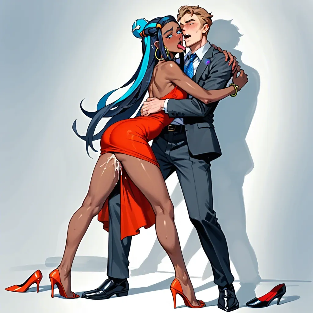 Nessa pokemon, elegant dark red dress, clothed female, barefoot, removed heels, ahegao, hoop earrings, standing anal, hug from behind,