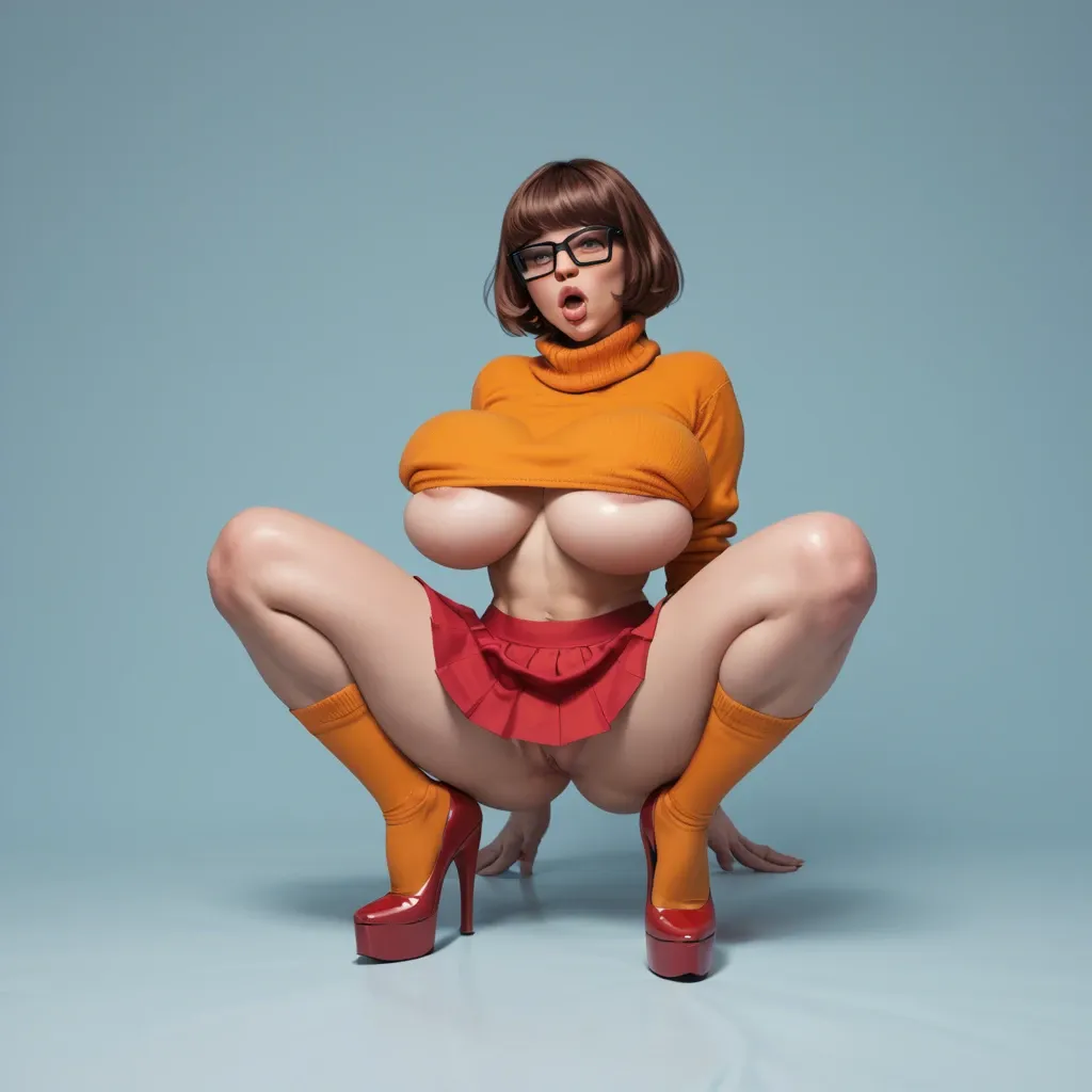 solo, Velma Dinkley, Scooby-Doo, bob cut, brown hair, brown eyes, full body,  highly detailed, highest quality, bimbo, orange top, underboob, overflowing breasts, undersized clothes, red microskirt, futanari, hyper penis, erect penis, ahegao, anime, indoors,  heavy makeup, wasp waist, huge ass, large breasts, platform shoes, fishnets, choker, body writing, midriff,